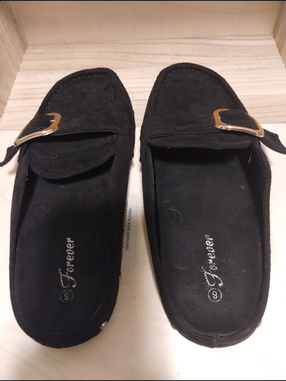 Forever 21 Black Suede Slip-On Mules with Gold Buckle